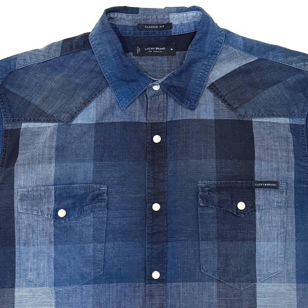 Lucky Brand Western Pearl Snap Blue Checkered Button Up Long Sleeve Medium LN